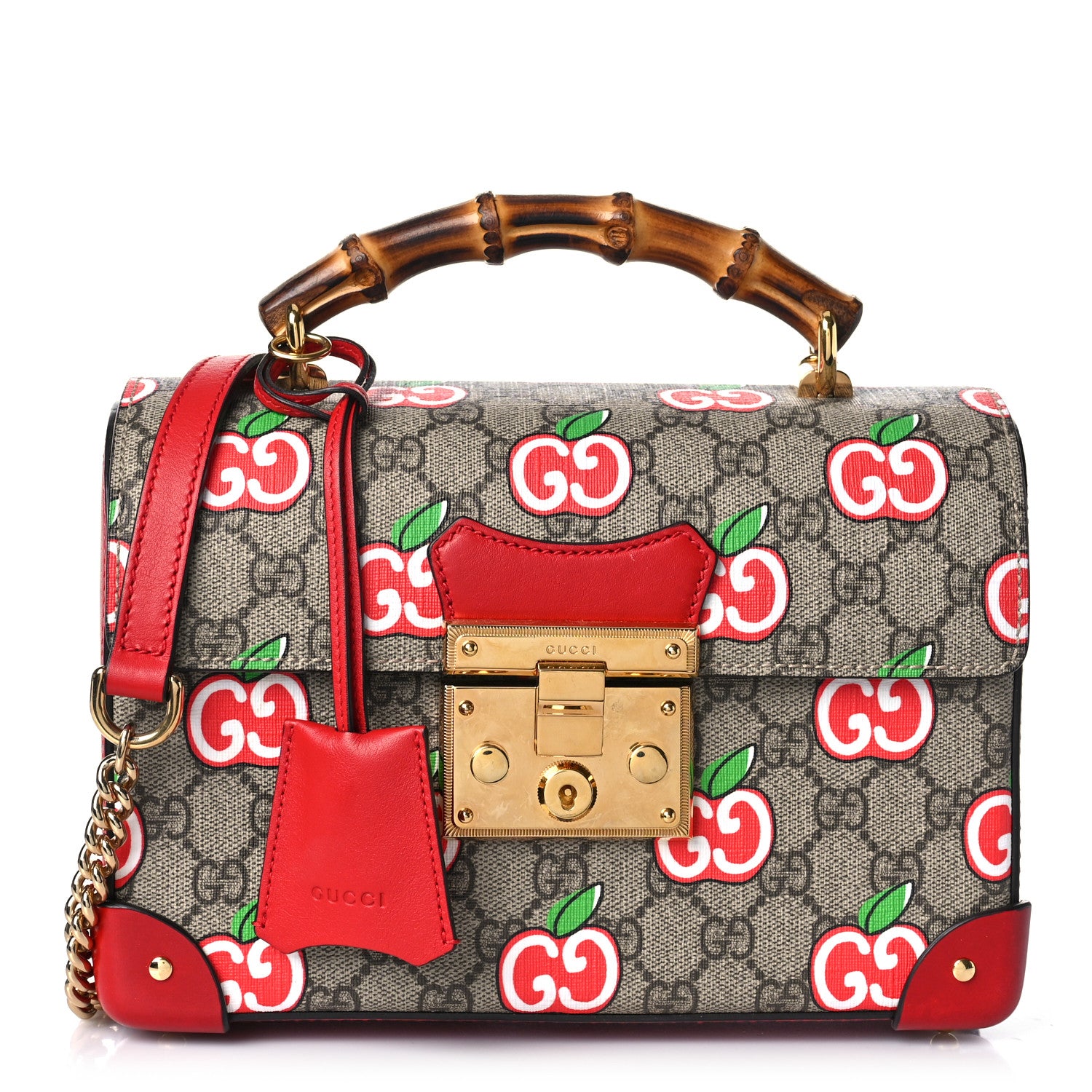 Gucci GG Supreme Monogram Apple Small Padlock Bamboo Shoulder Bag Beige Multicolor Lobster Red 1 of 9