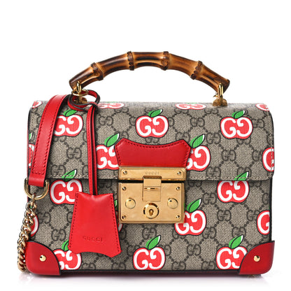 Gucci GG Supreme Monogram Apple Small Padlock Bamboo Shoulder Bag Beige Multicolor Lobster Red 1 of 9
