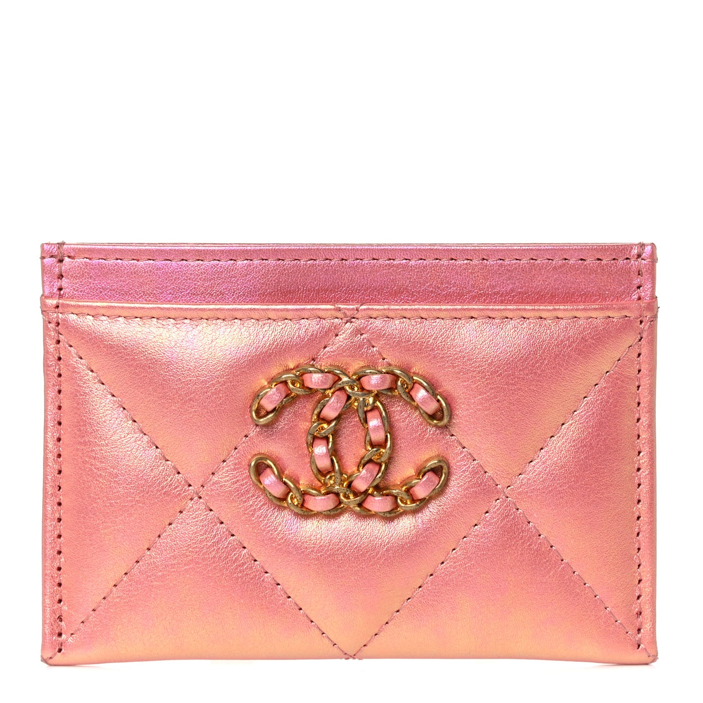 Iridescent Calfskin Quilted Chanel 19 Card Holder Pink