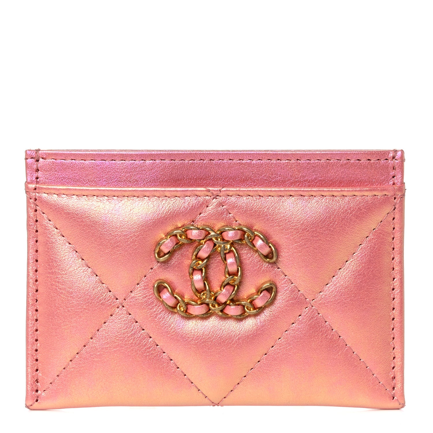 Chanel Iridescent Calfskin Quilted Chanel 19 Card Holder Pink 1 of 8