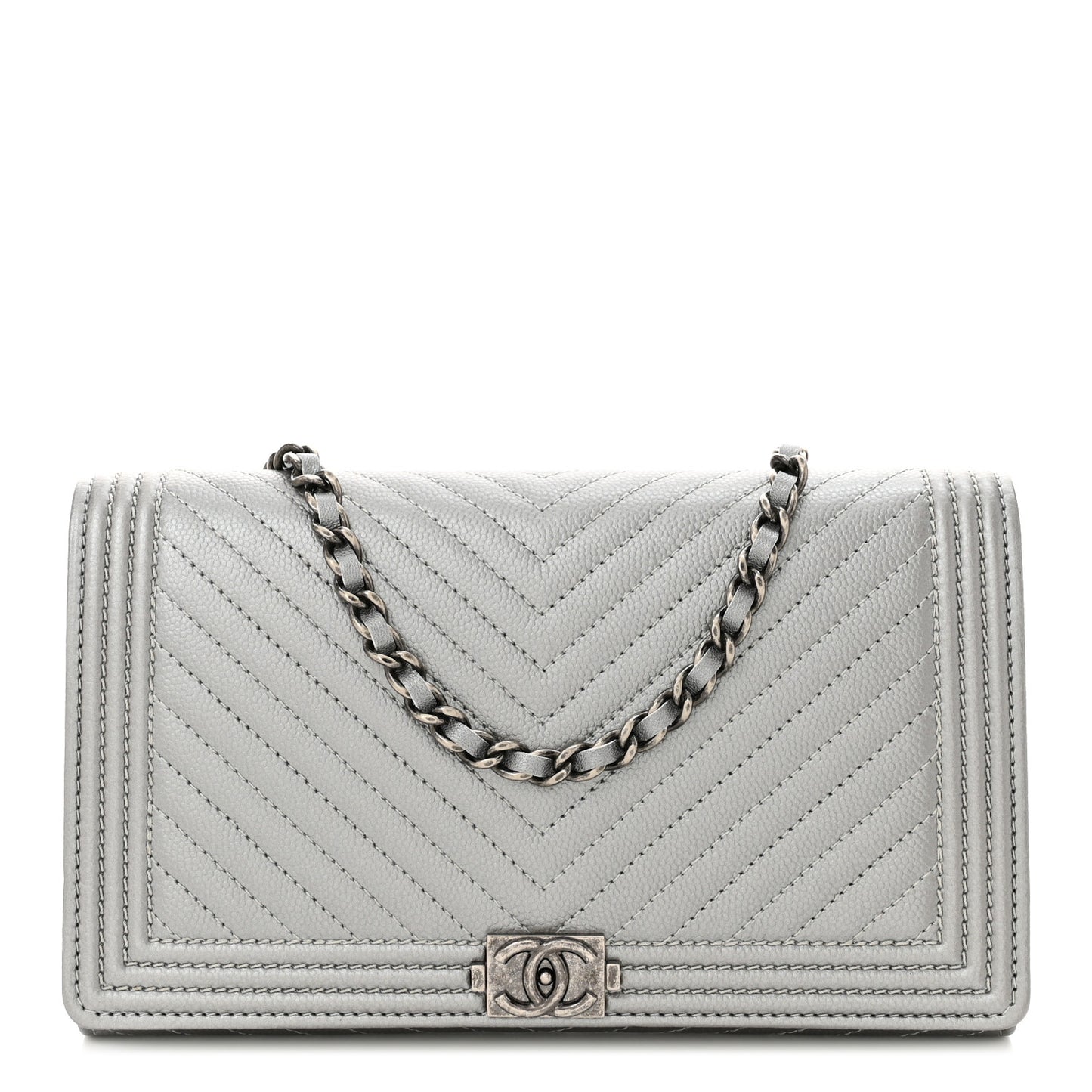 Metallic Caviar Chevron Quilted Boy Wallet On Removable Chain WOC Silver