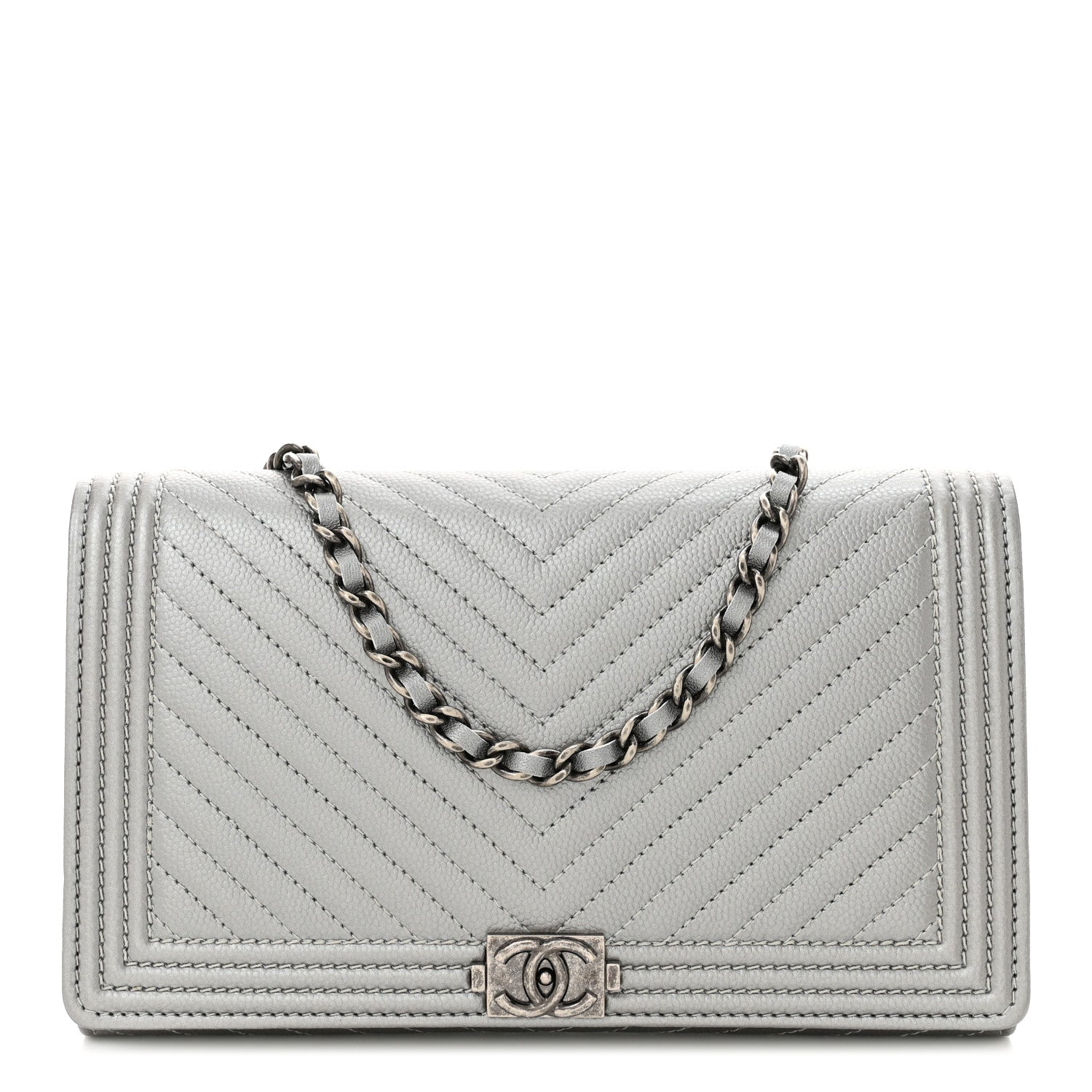 Chanel Metallic Caviar Chevron Quilted Boy Wallet On Removable Chain WOC Silver 1 of 12