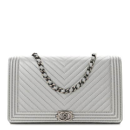 Chanel Metallic Caviar Chevron Quilted Boy Wallet On Removable Chain WOC Silver 1 of 12