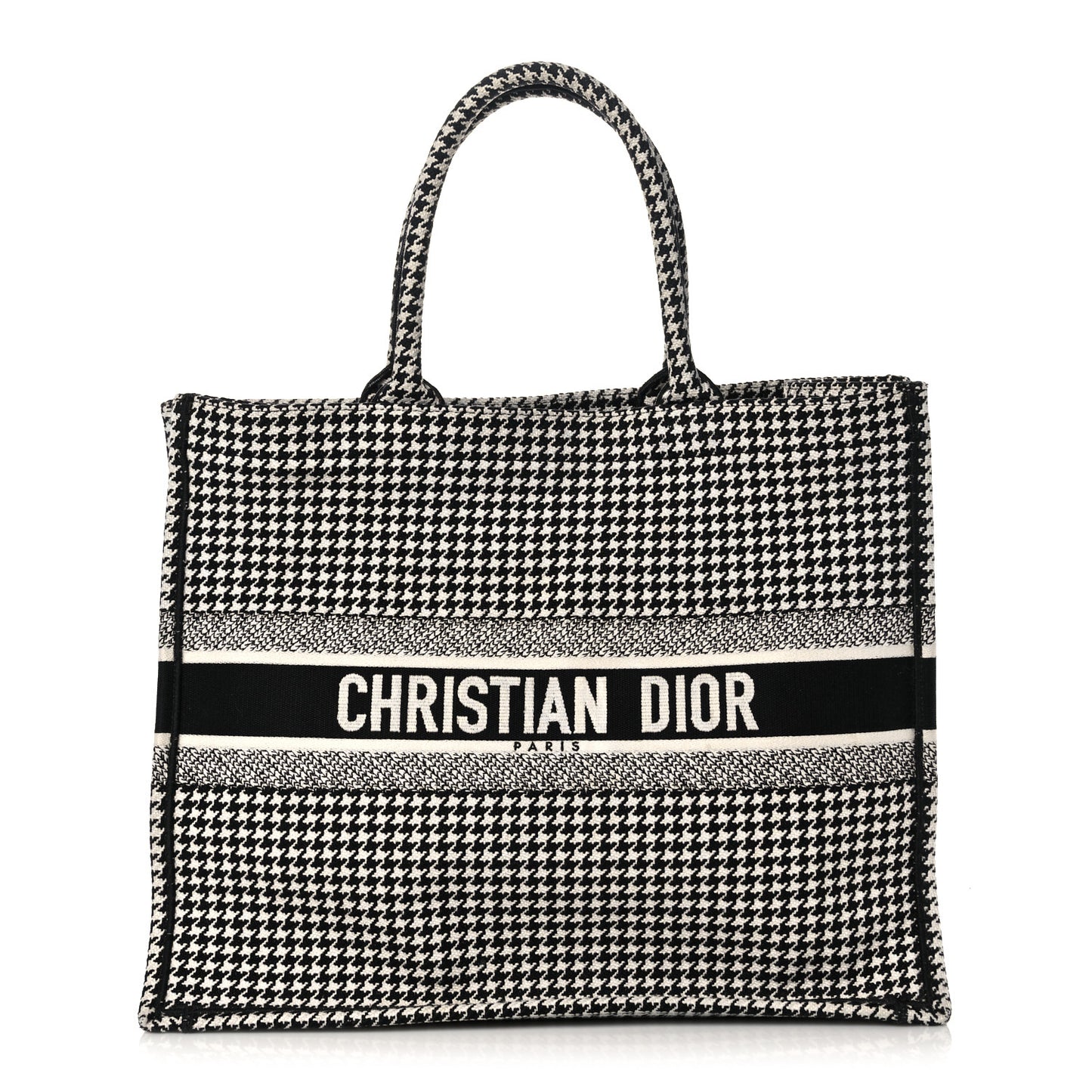 Canvas Houndstooth Embroidered Book Tote Black White