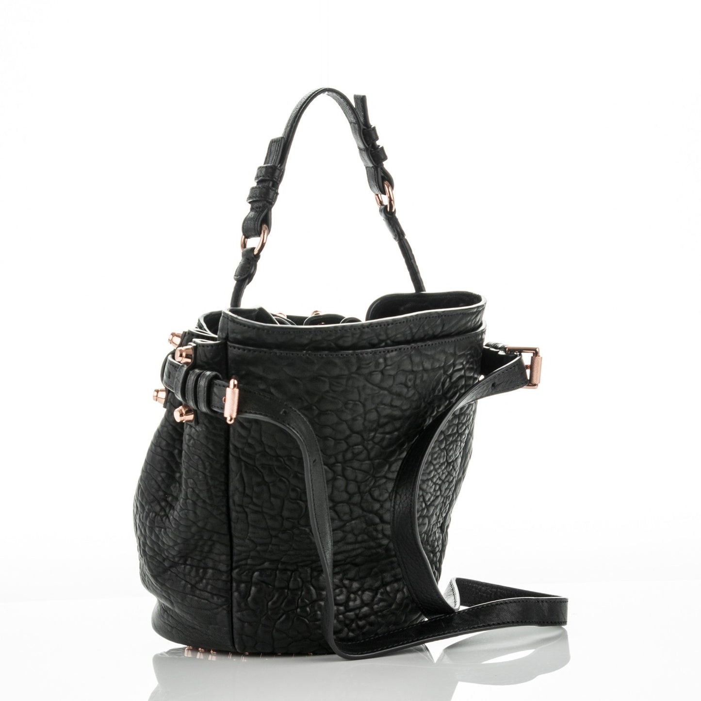 Pebbled Lambskin Diego Bucket Black Rose Gold Hardware
