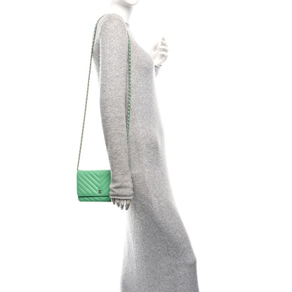 Chanel Caviar Chevron Quilted Wallet On Chain WOC Green 2 of 12