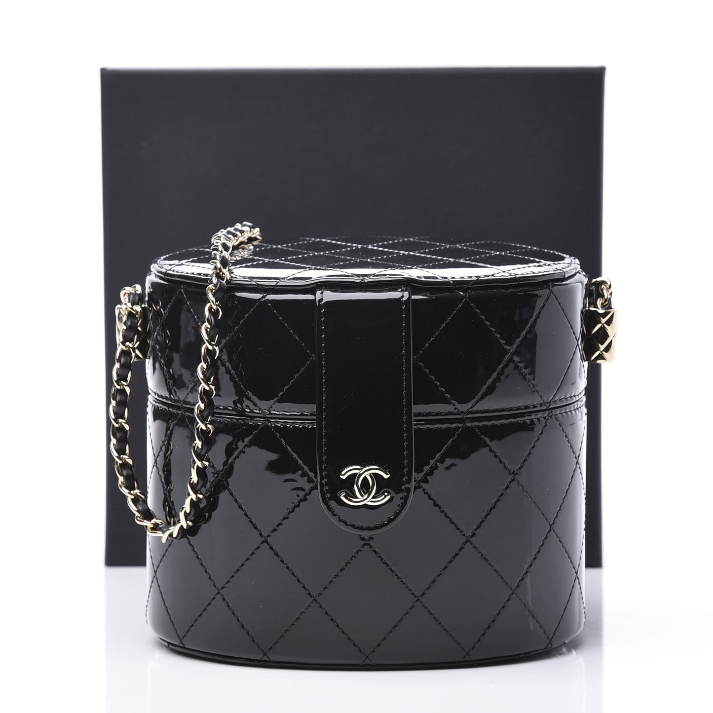 Patent Quilted Round Clutch With Chain Black