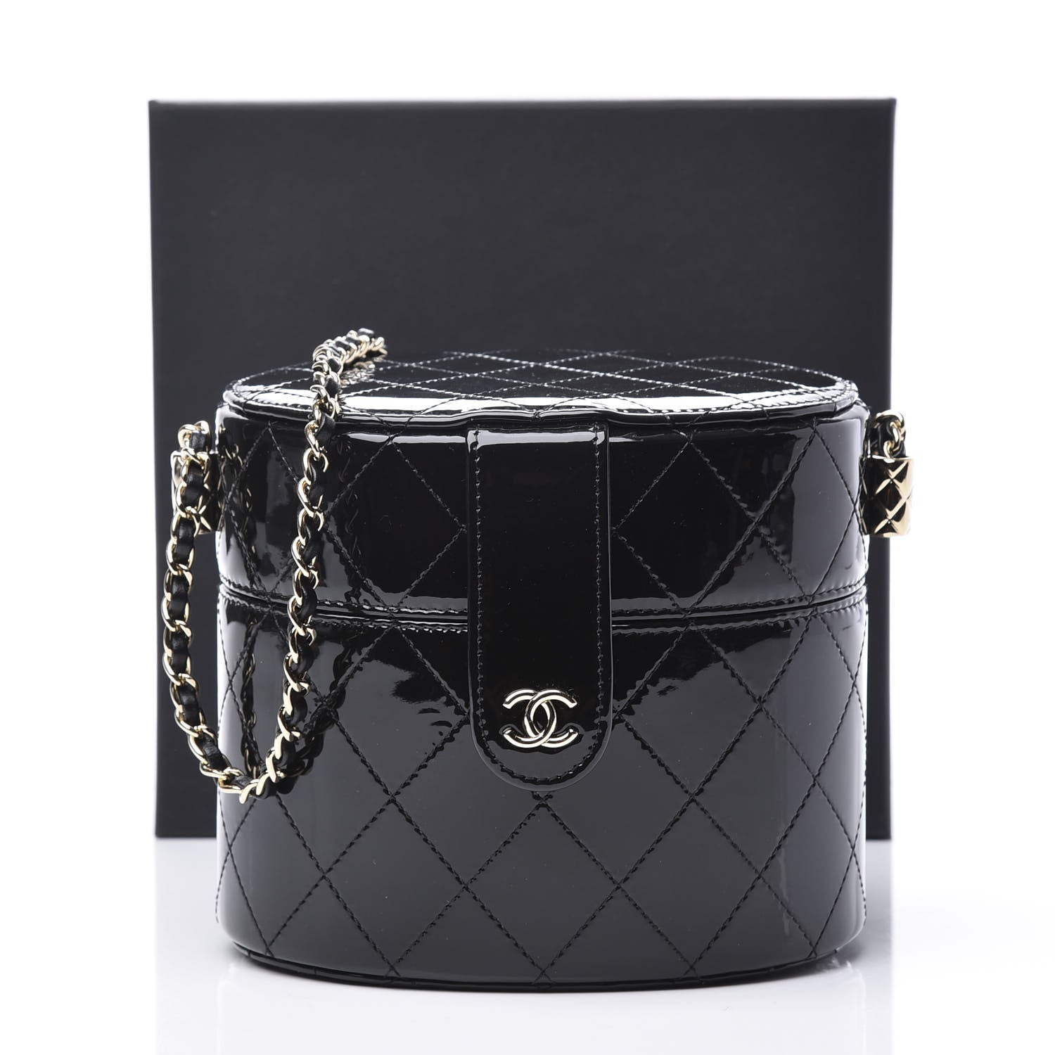 Chanel Patent Quilted Round Clutch With Chain Black 12 of 12