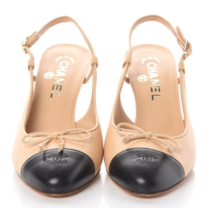 Chanel Lambskin Cap Toe CC Slingback Pumps 38.5 Beige Black 2 of 7