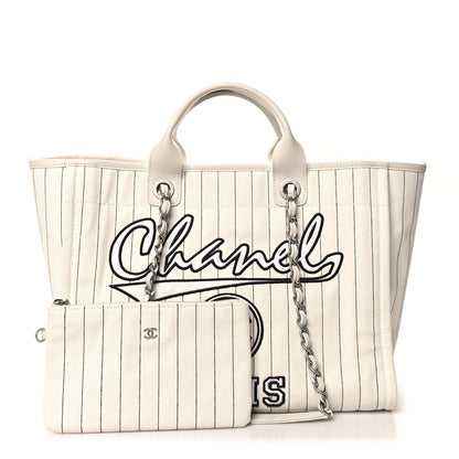 Chanel Canvas Calfskin Striped Medium Deauville Tote White Black 3 of 12