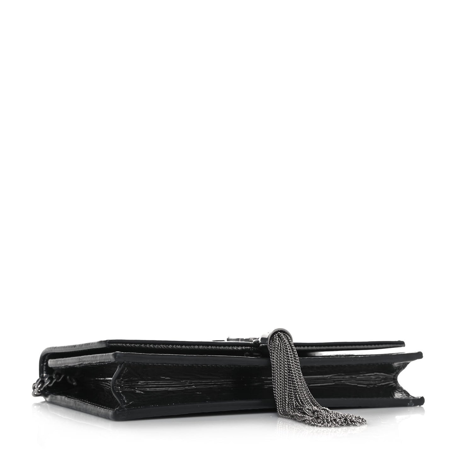 Metallic Crackled Calfskin Kate Monogram Tassel Chain Wallet Argento