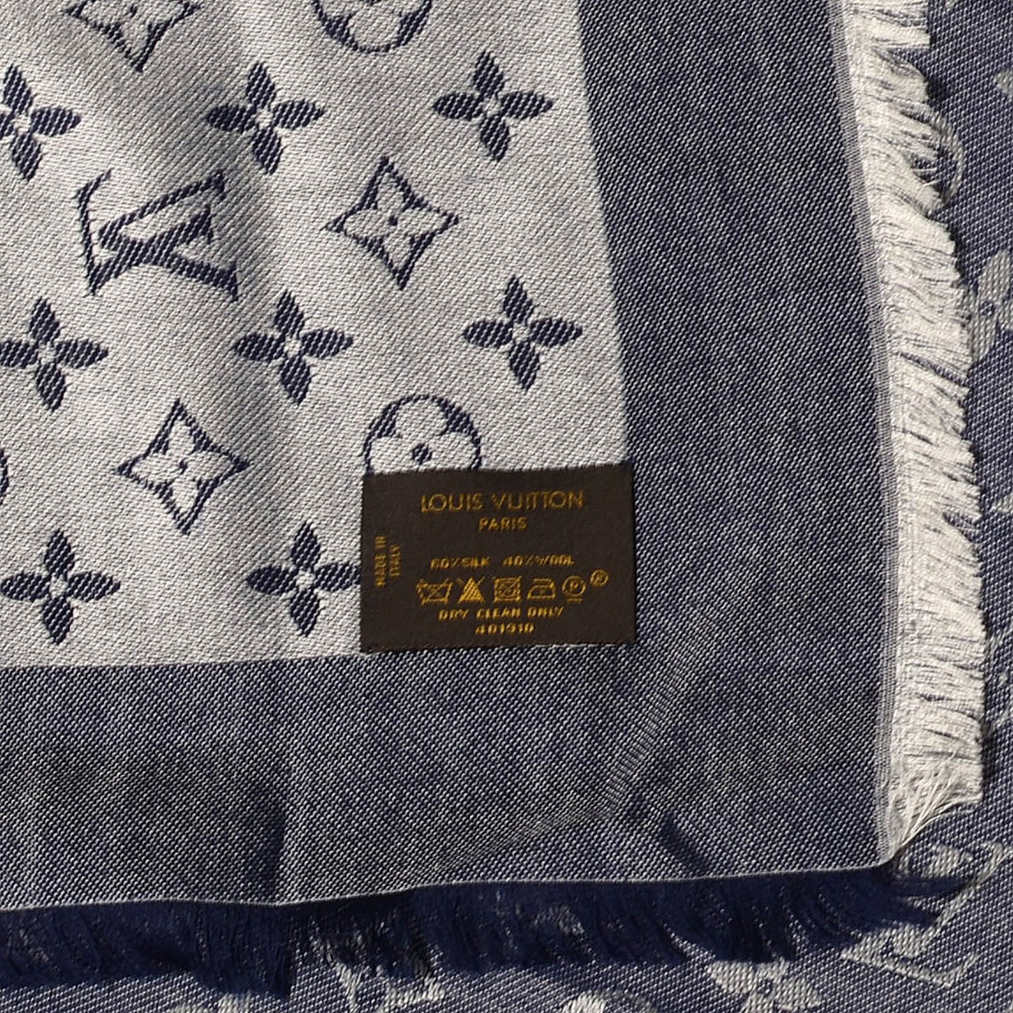 Wool Silk Monogram Denim Shawl Blue