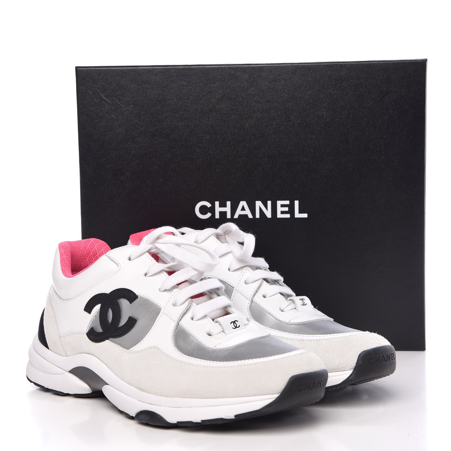 Chanel Calfskin Fabric Sneakers 39.5 White Silver Fluo Pink 10 of 10