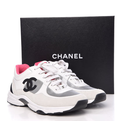 Chanel Calfskin Fabric Sneakers 39.5 White Silver Fluo Pink 10 of 10