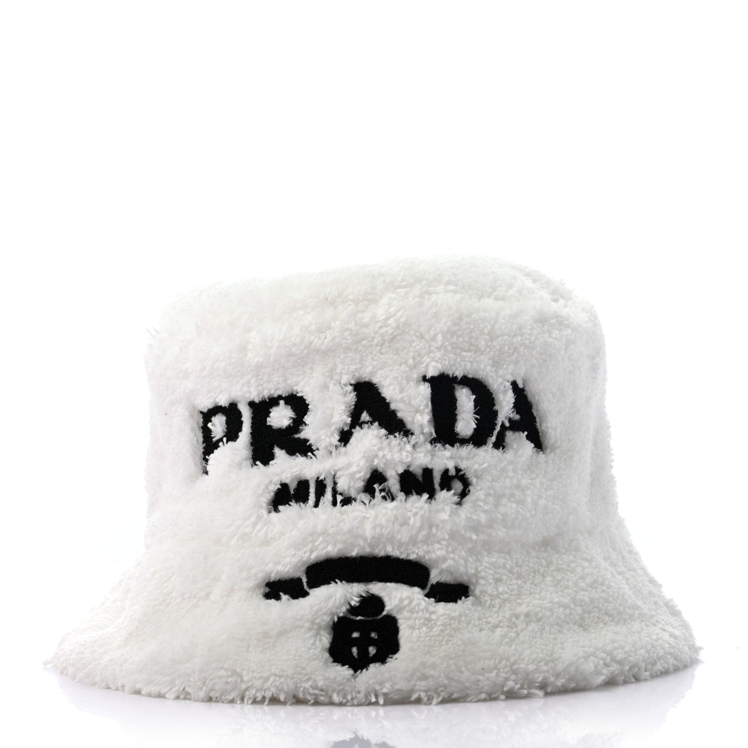 Prada Terry Cloth Logo Embroidered Womens Bucket Hat S White Black