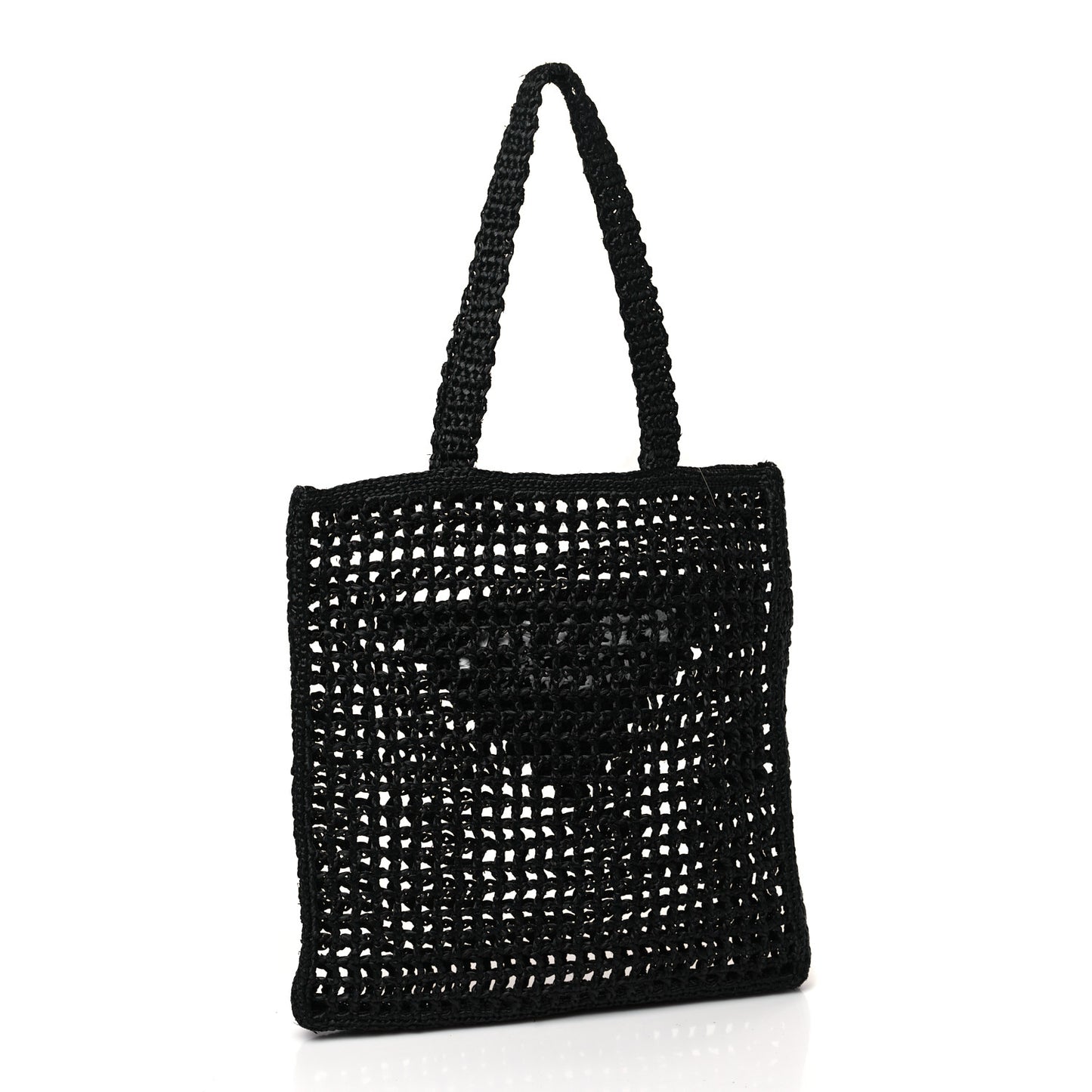 Yarn Raffia Effect Crochet Logo Embroidered Tote Bag Black