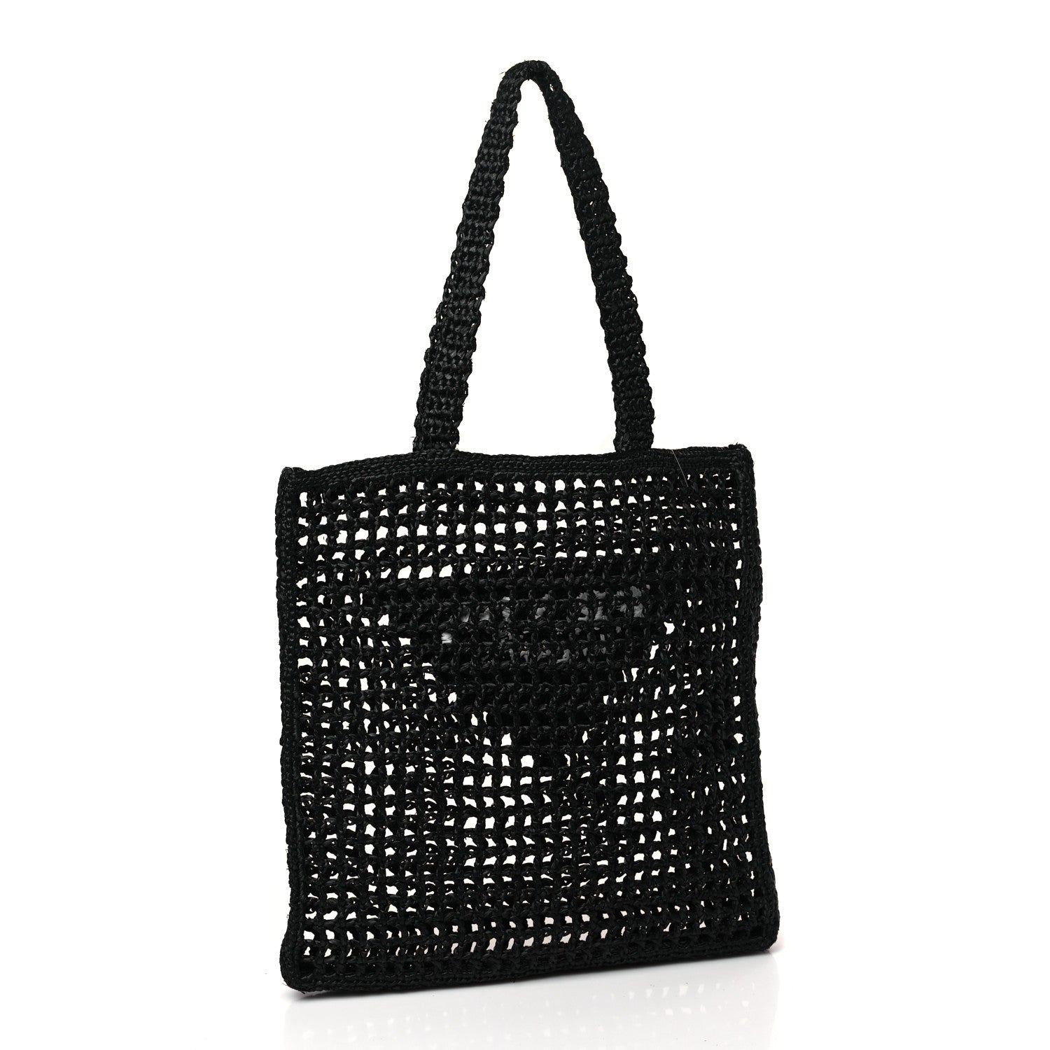 Prada Yarn Raffia Effect Crochet Logo Embroidered Tote Bag Black 3 of 8
