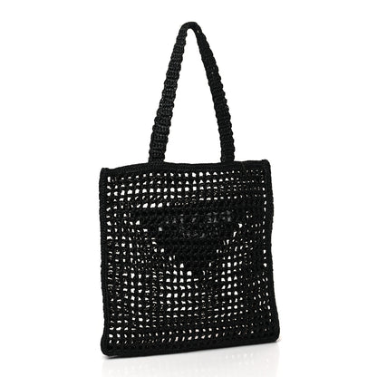 Prada Yarn Raffia Effect Crochet Logo Embroidered Tote Bag Black 3 of 8
