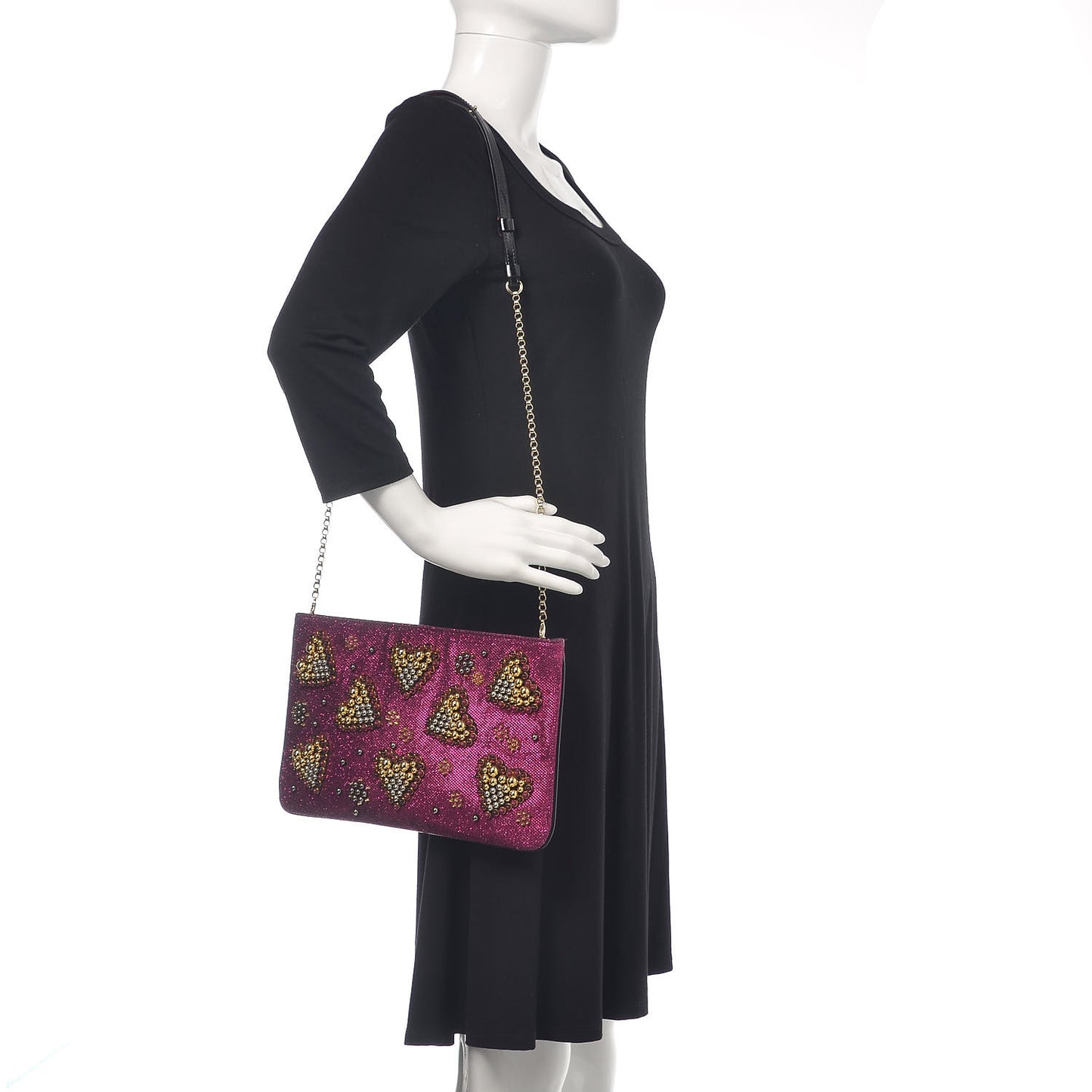 Metallic Raffia Studded Loubiposh Chain Clutch Magenta