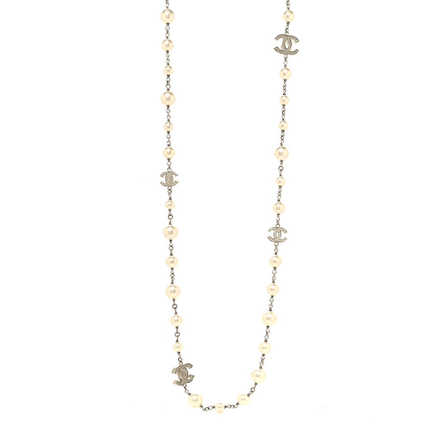 Crystal Pearl CC Long Necklace Silver