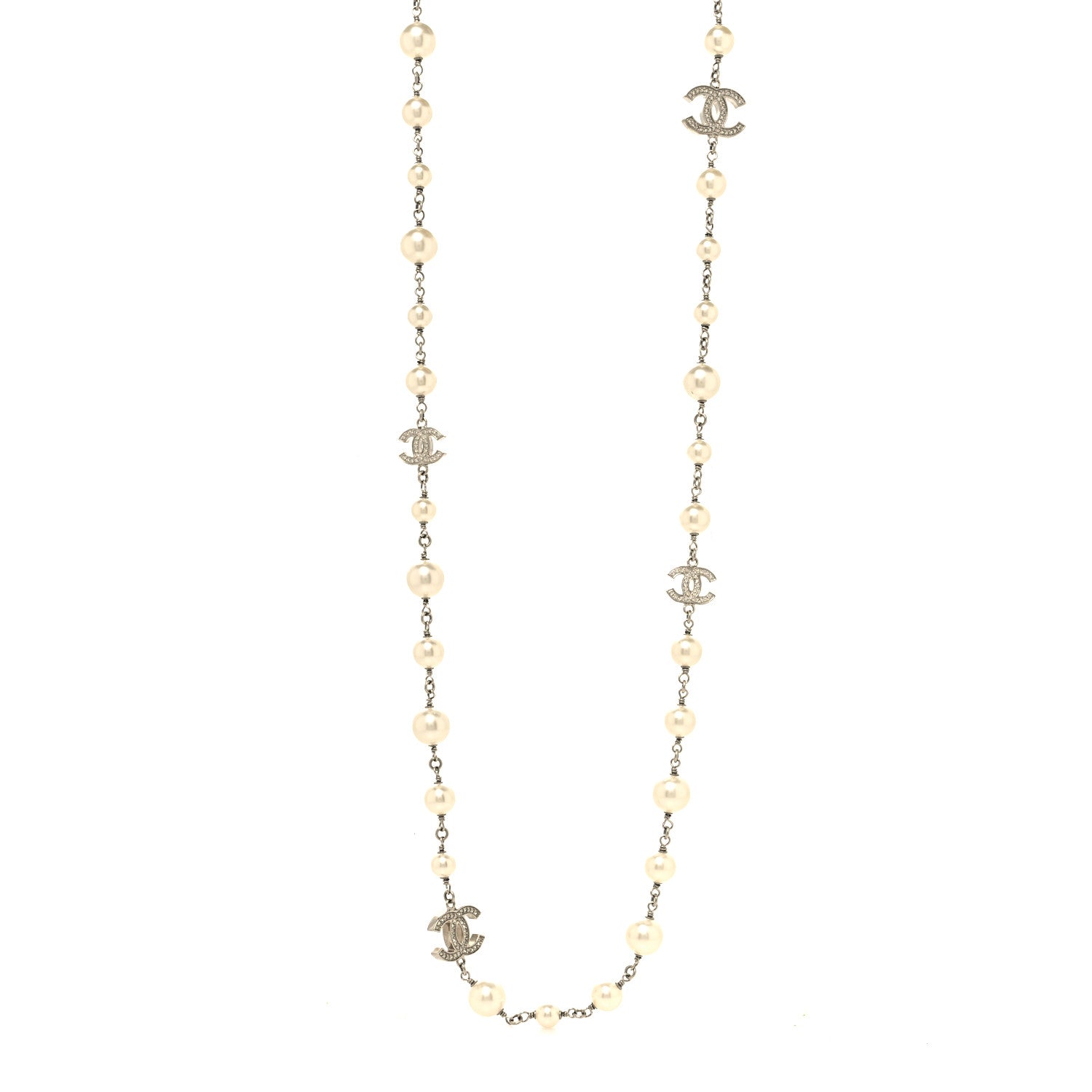 Chanel Crystal Pearl CC Long Necklace Silver 1 of 5