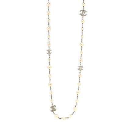 Chanel Crystal Pearl CC Long Necklace Silver 1 of 5