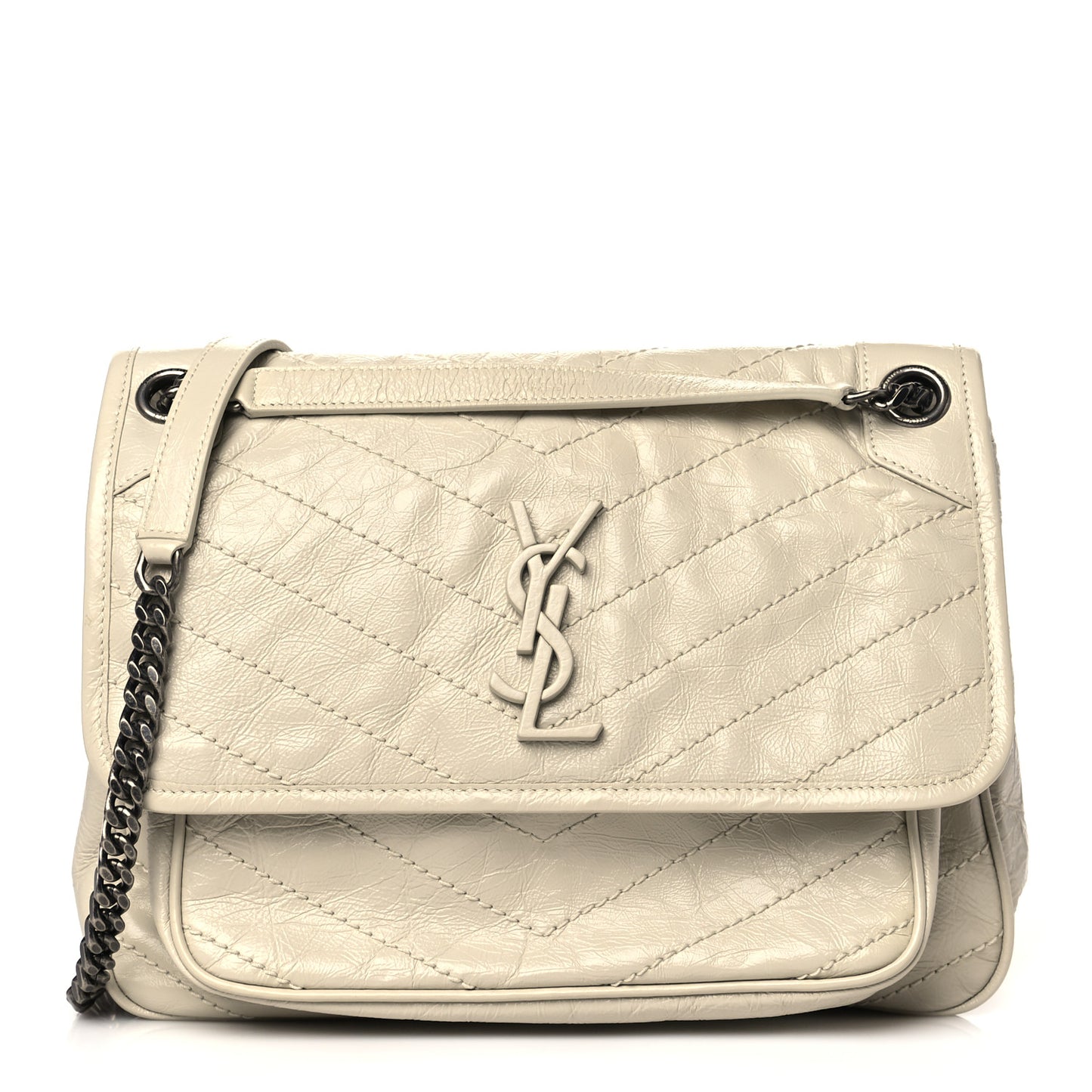 Crinkled Calfskin Matelasse Monogram Medium Niki Chain Satchel Blanc Vintage