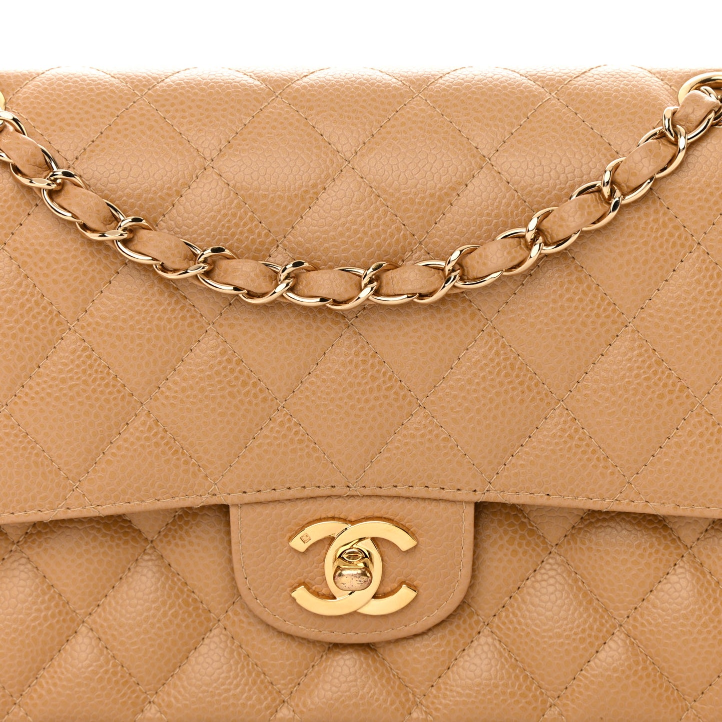 Caviar Quilted Medium Double Flap Beige