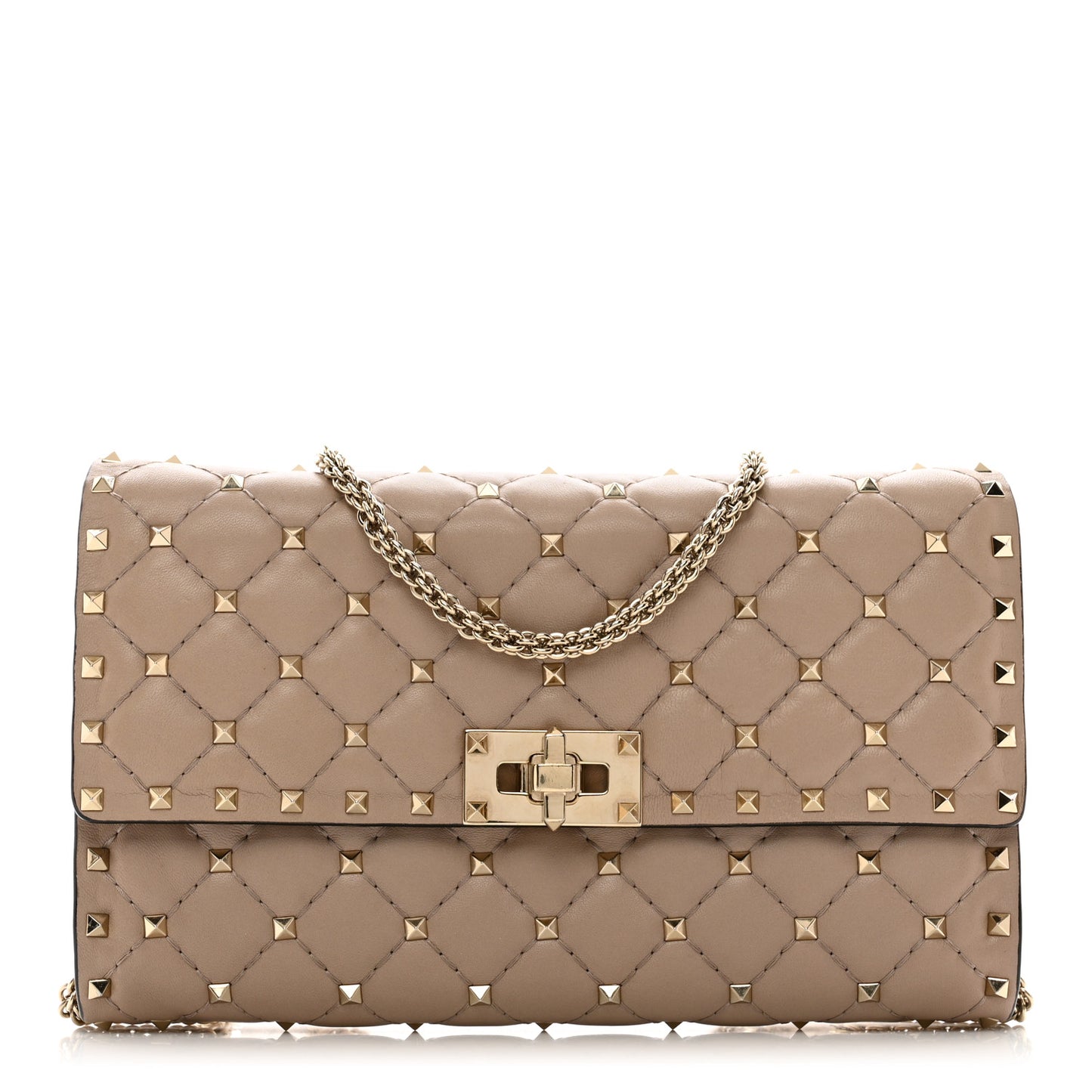 Lambskin Rockstud Spike Wallet on Chain Poudre