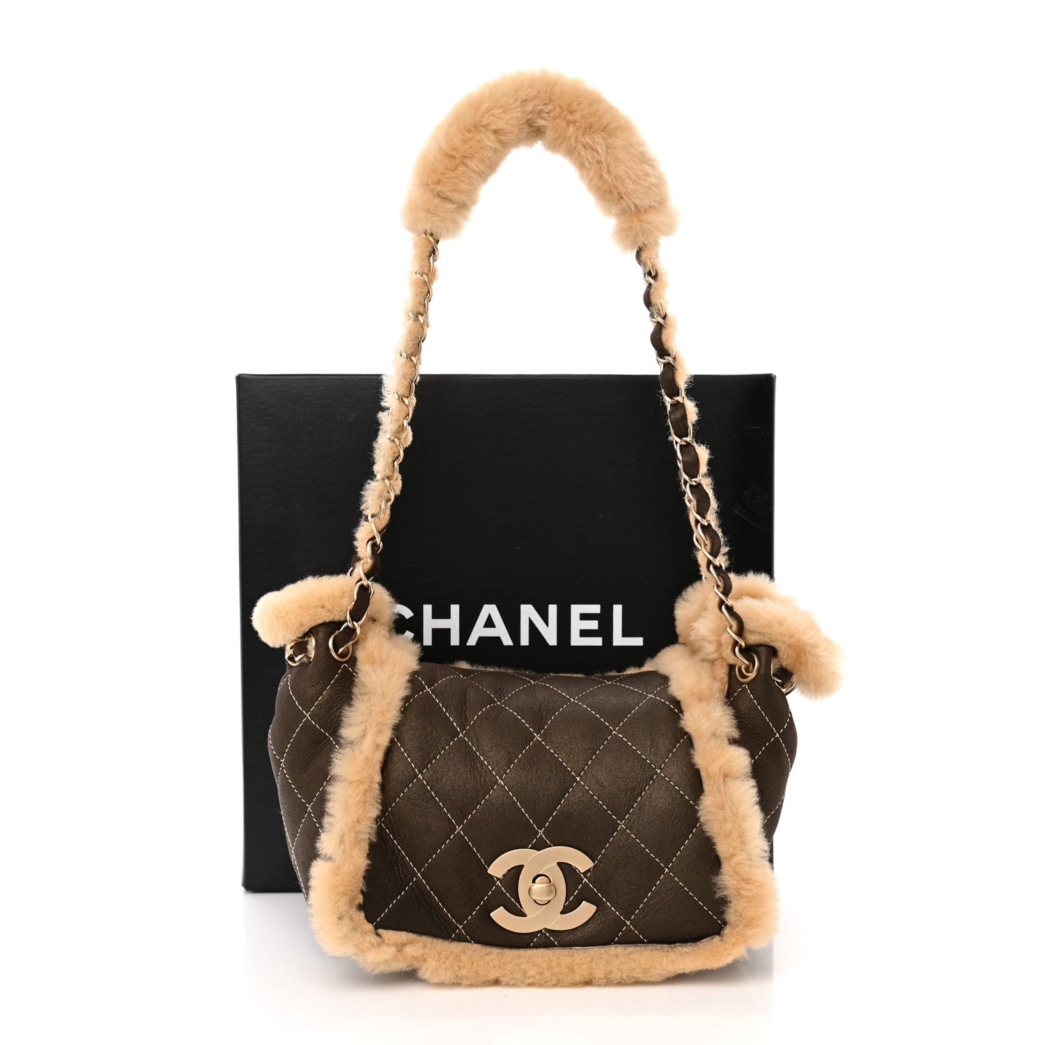 Chanel Shearling Suede Quilted Small Fur Flap Metallic Bronze 12 of 12