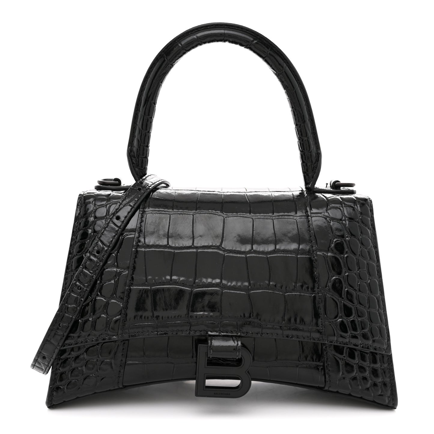 Shiny Calfskin Monochrome Crocodile Embossed Small Hourglass Top Handle Bag Black