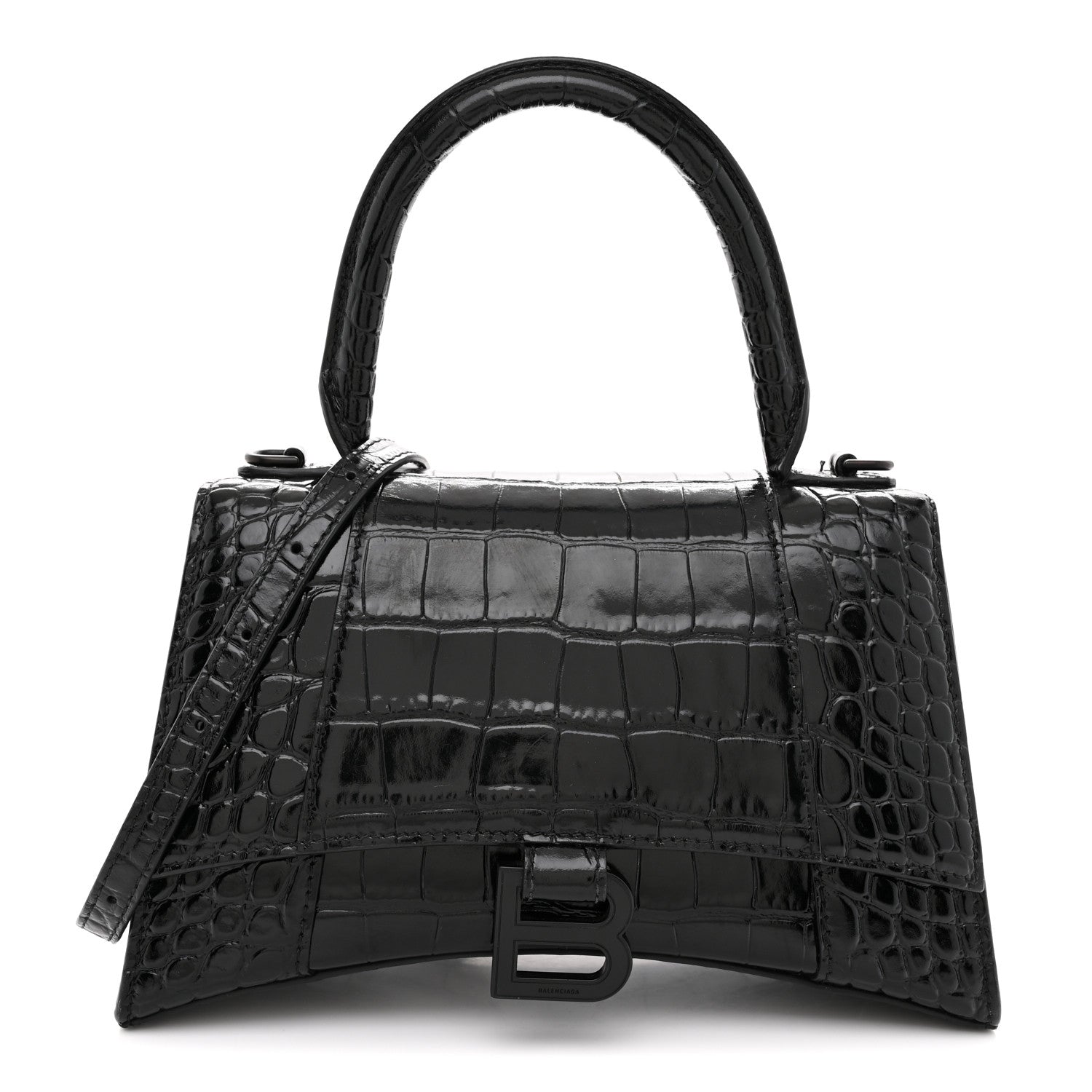 Balenciaga Shiny Calfskin Monochrome Crocodile Embossed Small Hourglass Top Handle Bag Black 1 of 11