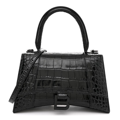 Balenciaga Shiny Calfskin Monochrome Crocodile Embossed Small Hourglass Top Handle Bag Black 1 of 11