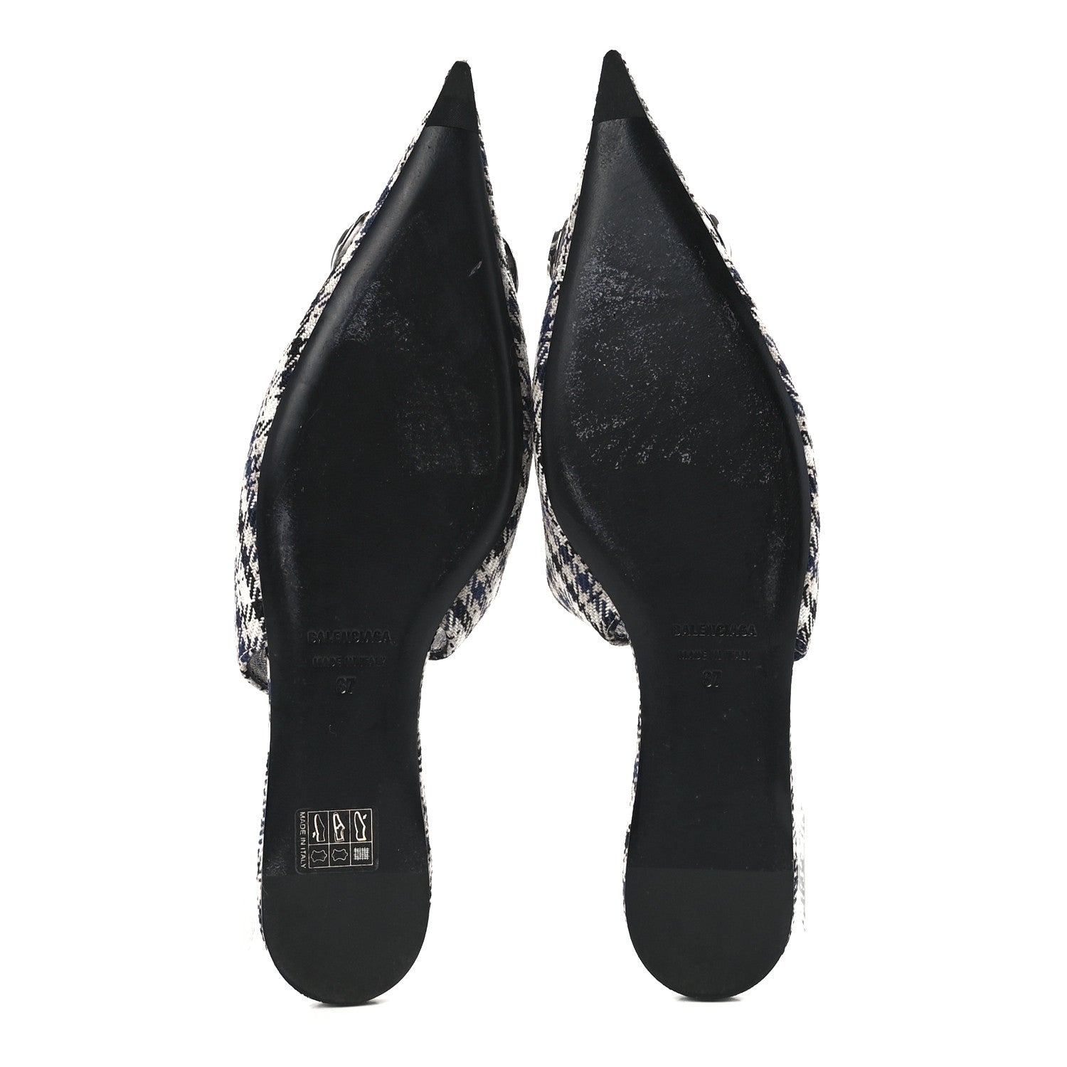 Balenciaga Tweed Prince Of Wales BB Knife Pointy Toe Slingback Flats 37 Beige Navy Silver 5 of 8