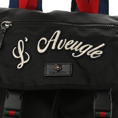 Gucci Techno Canvas Web L'Aveugle Par Amour Embroidered Double Buckle Backpack Black 8 of 12