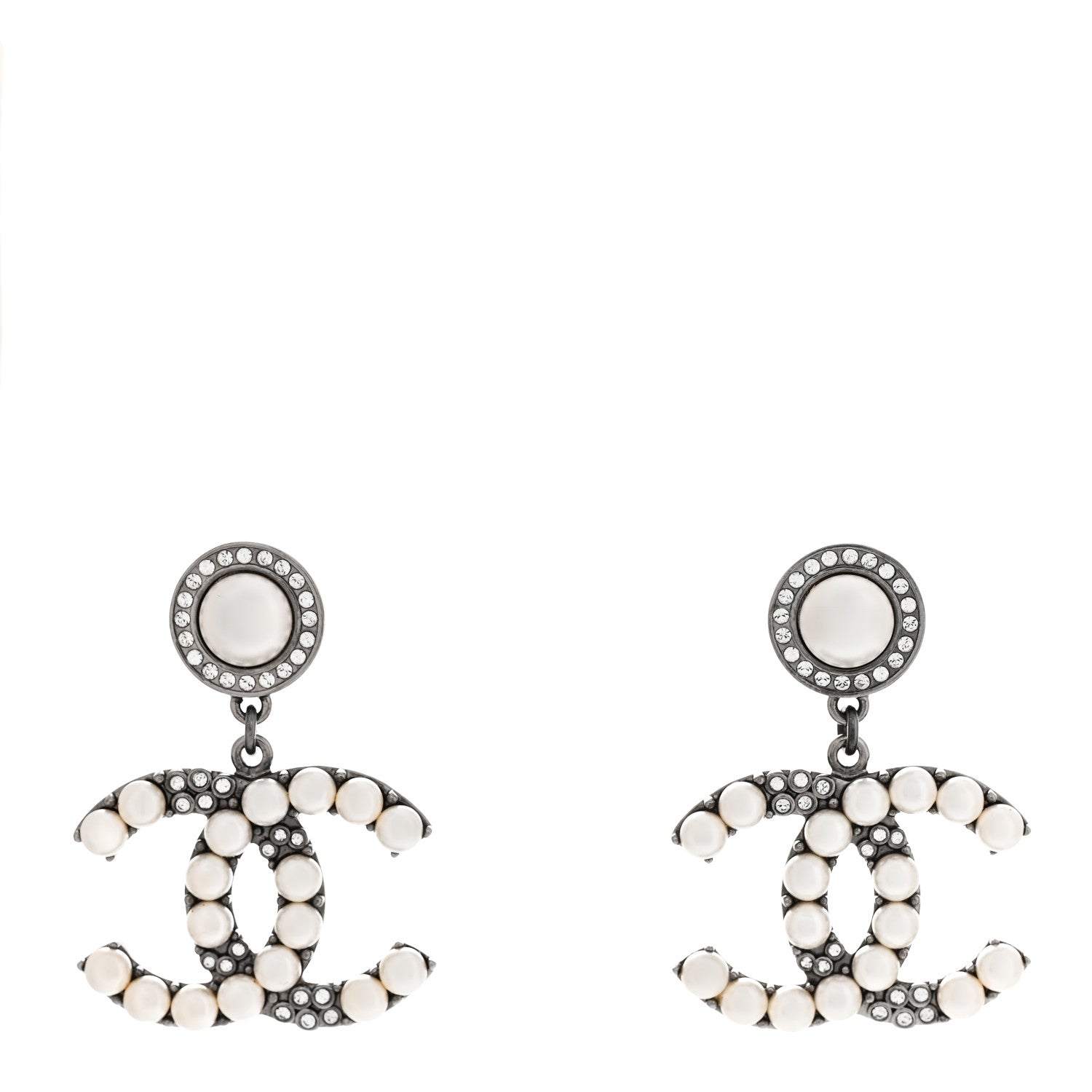 Chanel Pearl Crystal CC Drop Earrings Silver 1 of 5
