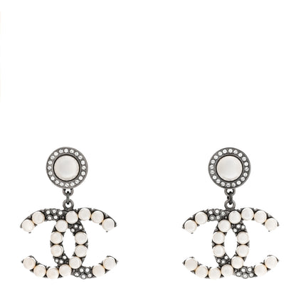 Chanel Pearl Crystal CC Drop Earrings Silver 1 of 5