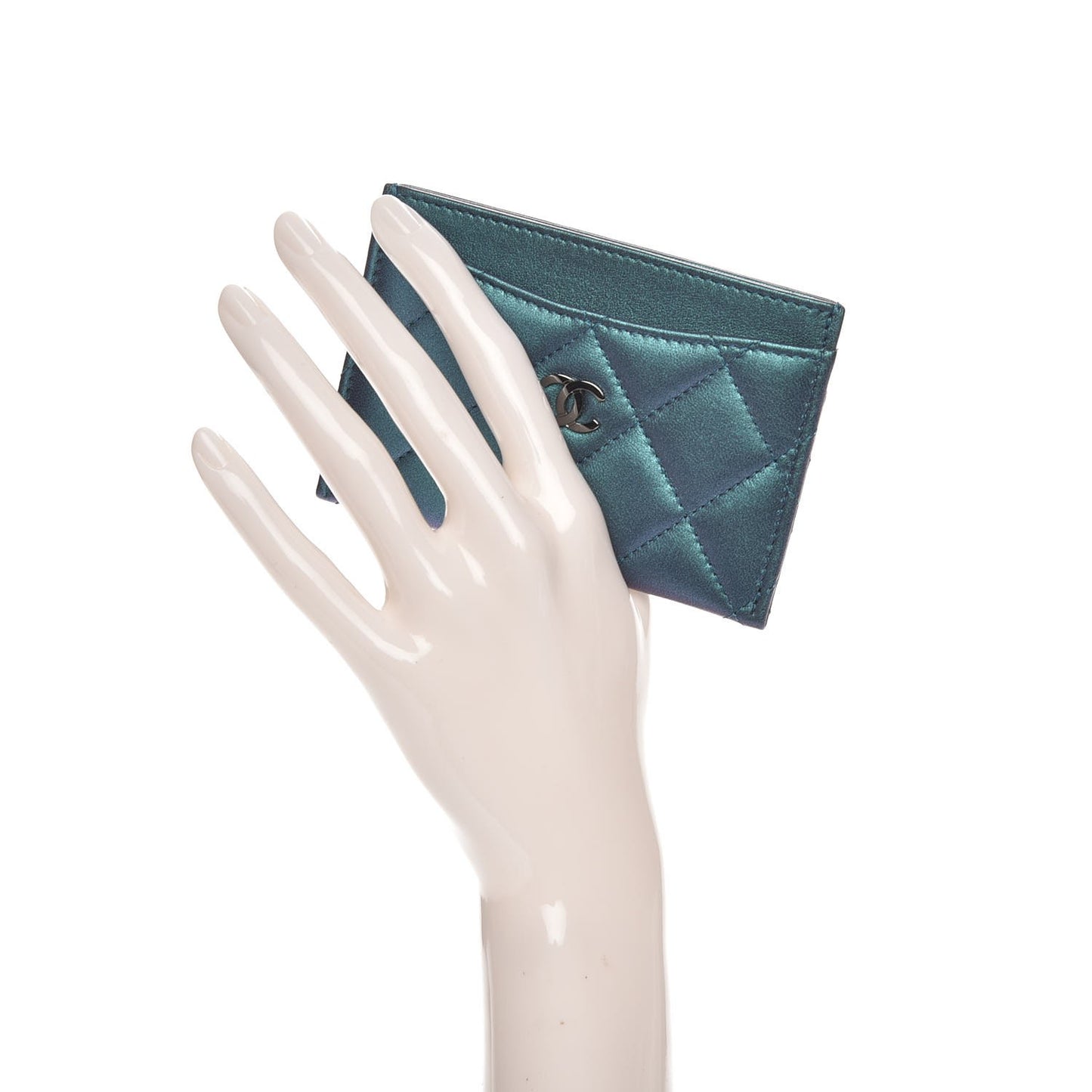 Metallic Lambskin Quilted Card Holder Turquoise