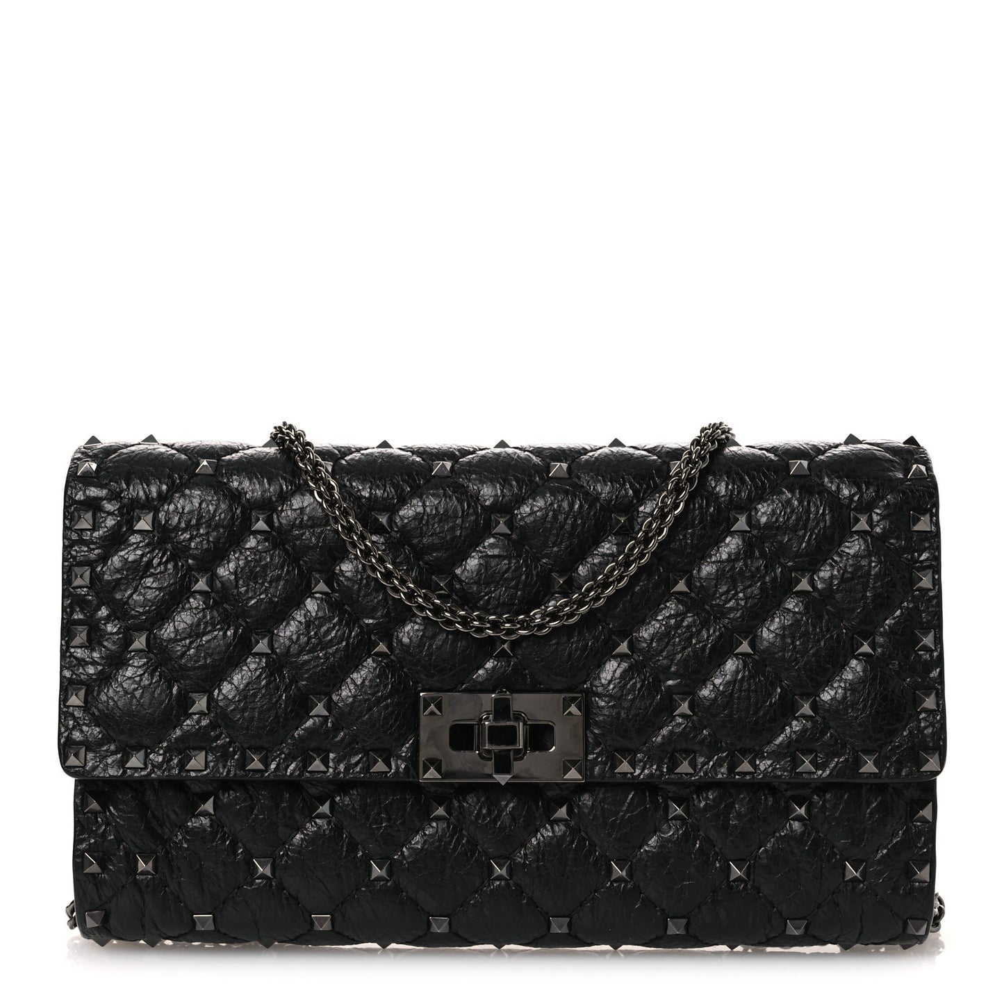 Craquele Nappa Rockstud Spike Wallet on Chain Black