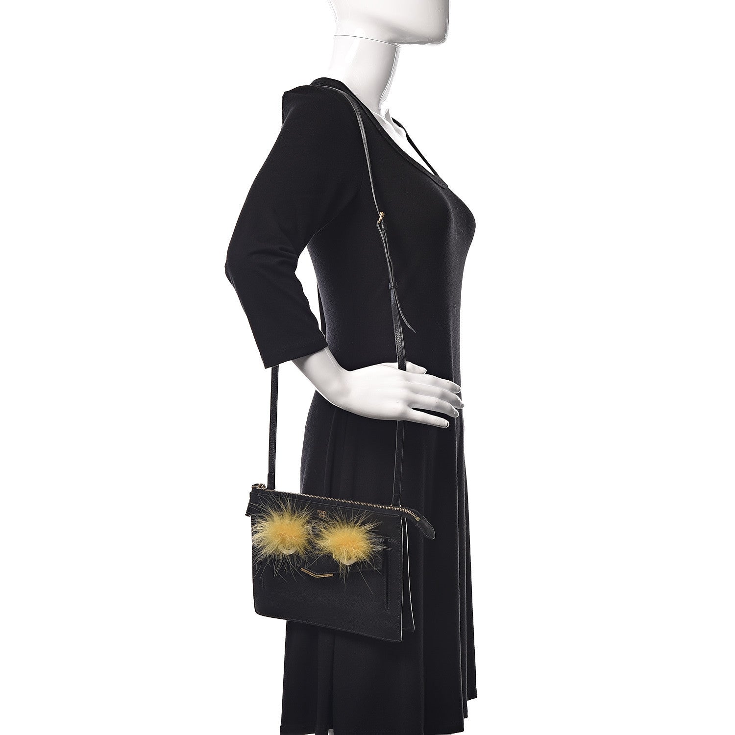Fendi Vitello Dolce Fox Fur Monster Eyes Mini 2Jours Pouch Black Yellow 2 of 10