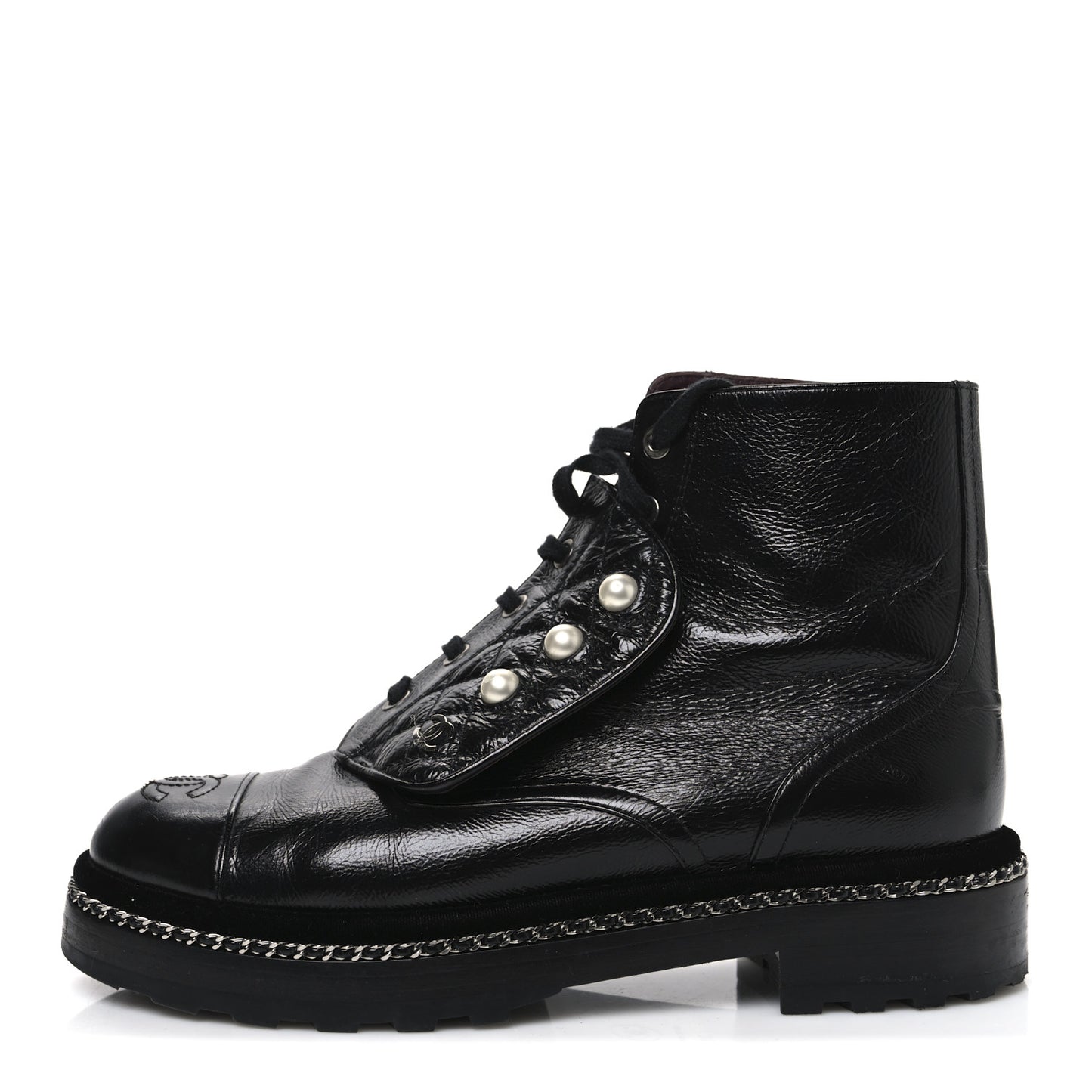 Crackled Calfskin Velvet Pearl Combat Short Boots 39 Black