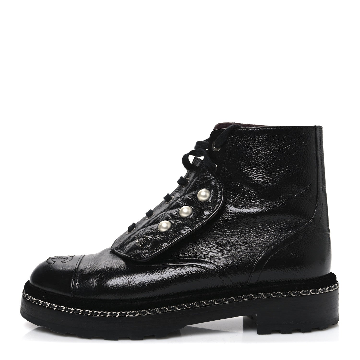 Chanel Crackled Calfskin Velvet Pearl Combat Short Boots 39 Black 1 of 11