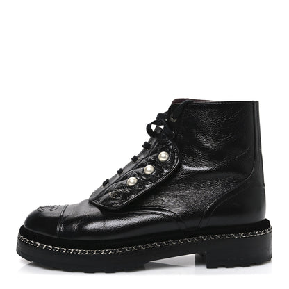 Chanel Crackled Calfskin Velvet Pearl Combat Short Boots 39 Black 1 of 11
