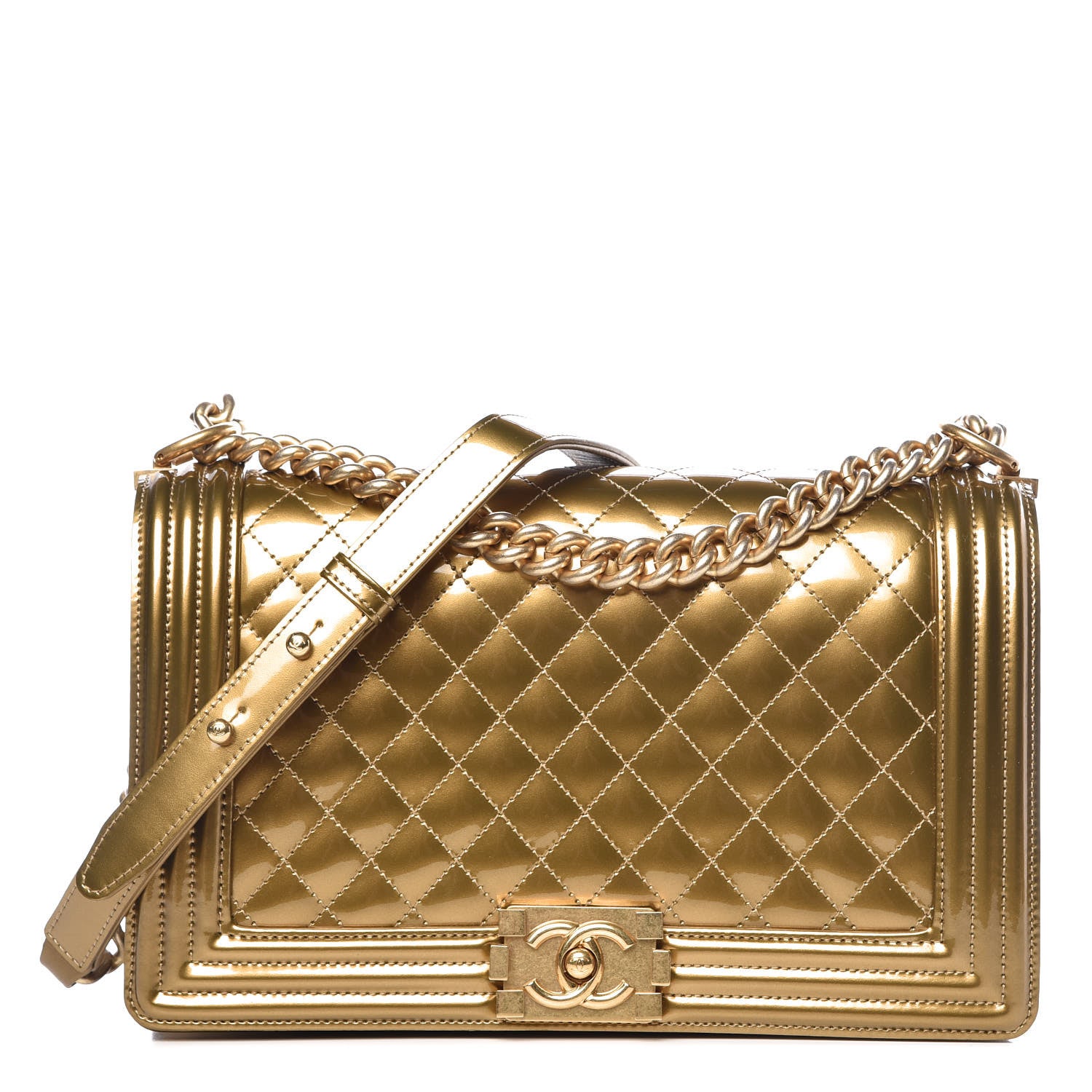 Chanel Metallic Patent Calfskin Quilted New Medium Boy Flap Gold 1 of 10