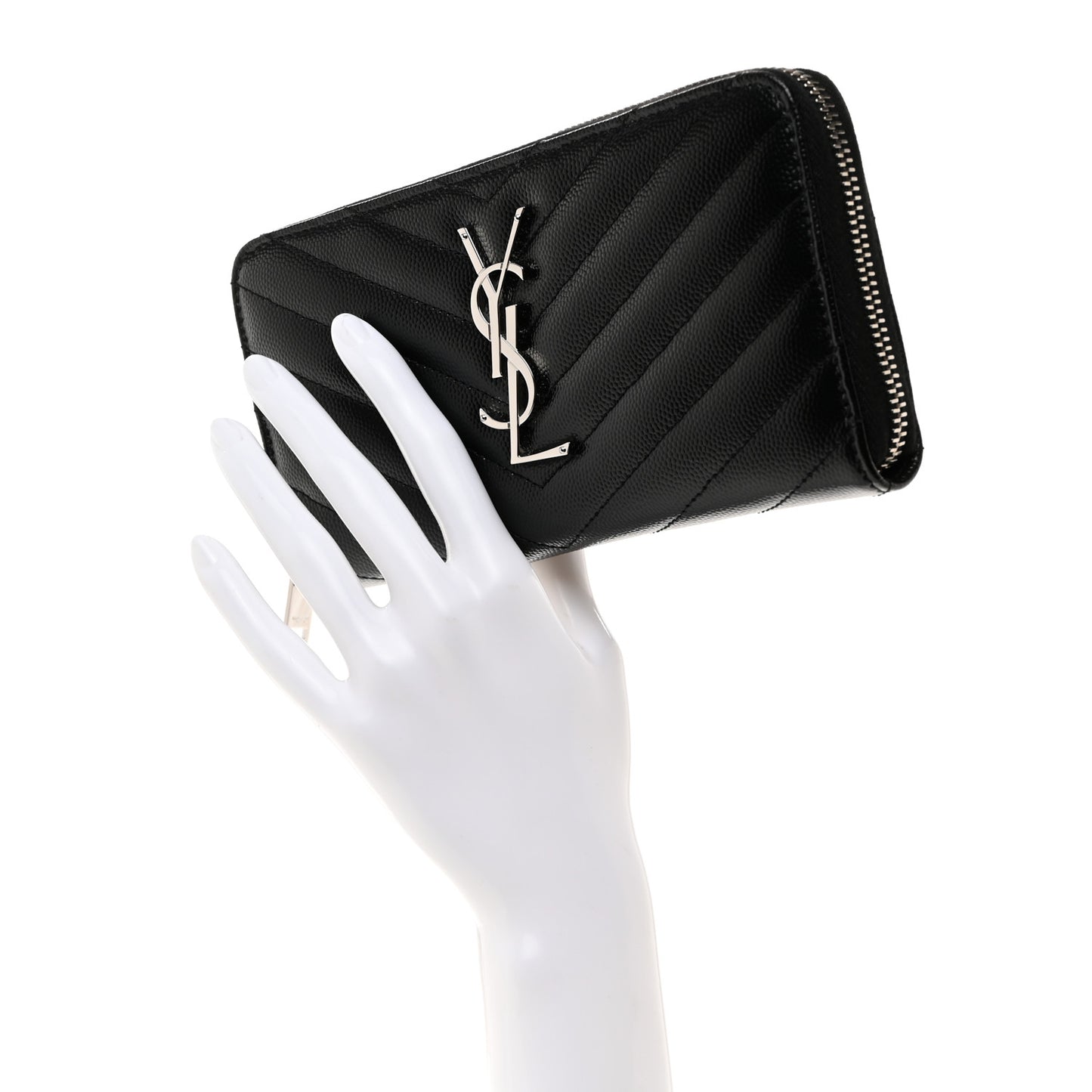 SAINT LAURENT Grain De Poudre Matelasse Chevron Monogram Zip Around Wallet Black
