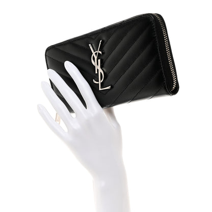 Saint Laurent SAINT LAURENT Grain De Poudre Matelasse Chevron Monogram Zip Around Wallet Black 2 of 7