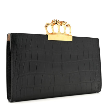 Alexander McQueen Calfskin Crocodile Embossed Knuckle Flat Clutch Black Gold 5 of 16