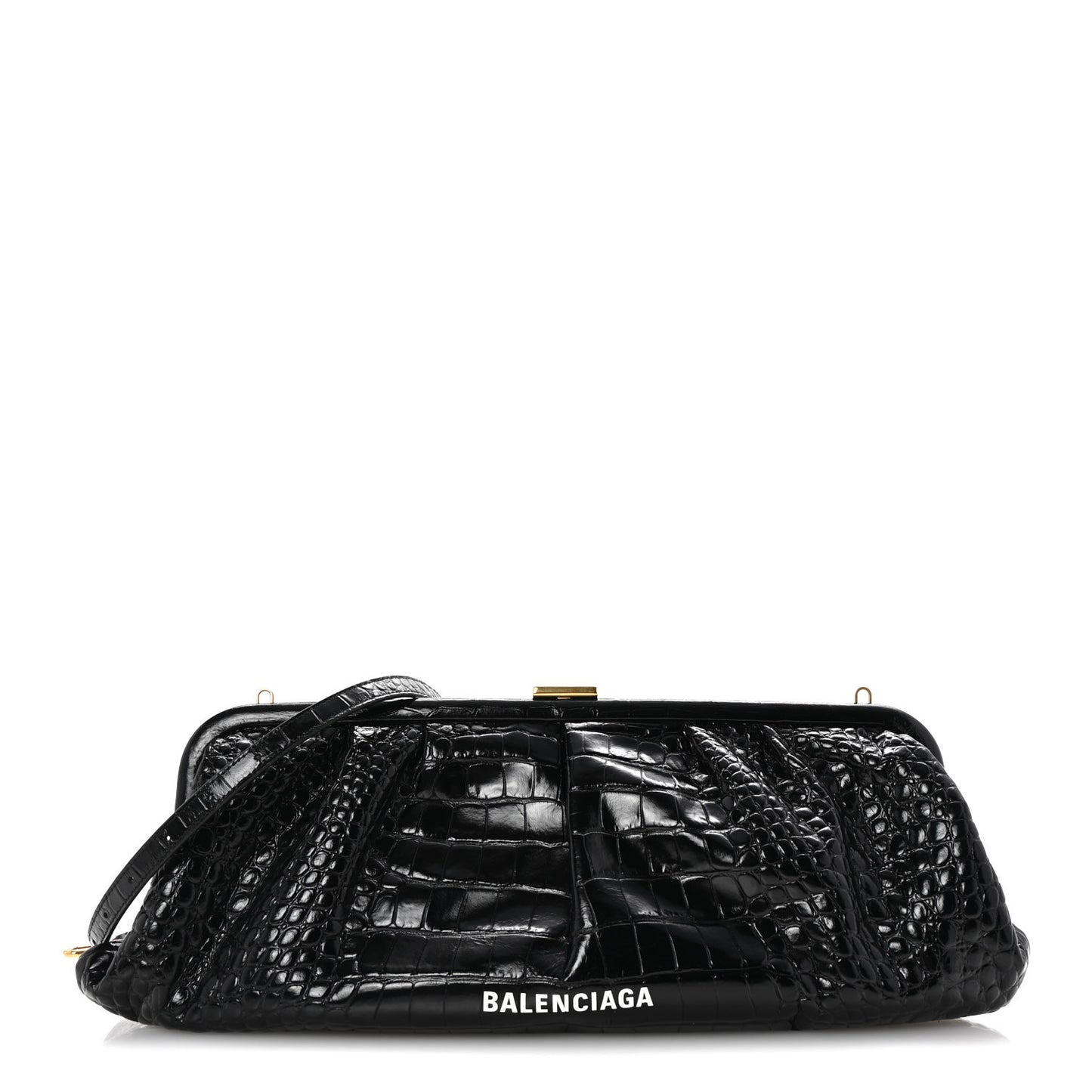 Shiny Supple Calfskin Logo Crocodile Embossed XL Cloud Clutch Black White