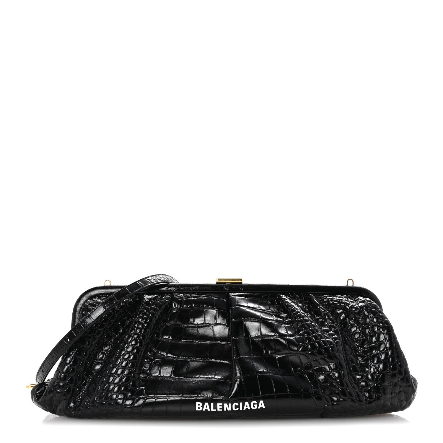 Balenciaga Shiny Supple Calfskin Logo Crocodile Embossed XL Cloud Clutch Black White 1 of 10