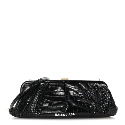 Balenciaga Shiny Supple Calfskin Logo Crocodile Embossed XL Cloud Clutch Black White 1 of 10